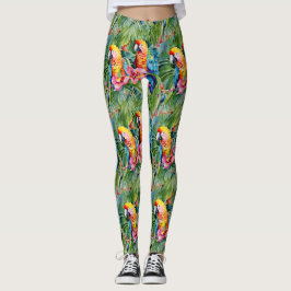 Groene, rode, blauwe papegaaien en tropische bloem leggings
