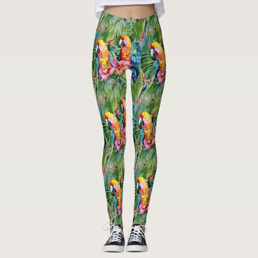 Groene, rode, blauwe papegaaien en tropische bloem leggings (Voorkant)