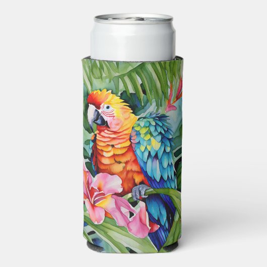 Groene, rode, blauwe papegaaien en tropische bloem seltzer blikjeskoeler (Seltzer Achterkant)