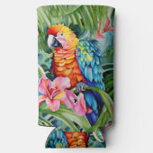 Groene, rode, blauwe papegaaien en tropische bloem seltzer blikjeskoeler (Achterkant)