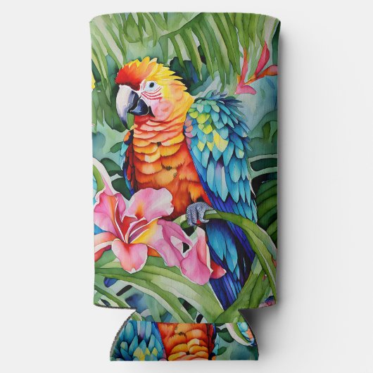 Groene, rode, blauwe papegaaien en tropische bloem seltzer blikjeskoeler (Achterkant)