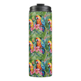Groene, rode, blauwe papegaaien en tropische bloem thermosbeker