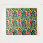 Groene, rode, blauwe papegaaien en tropische bloem wandkleed (Voorkant (horizontaal))