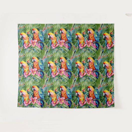 Groene, rode, blauwe papegaaien en tropische bloem wandkleed (Voorkant (horizontaal))