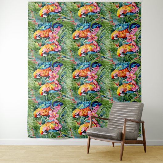 Groene, rode, blauwe papegaaien en tropische bloem wandkleed (In situ)