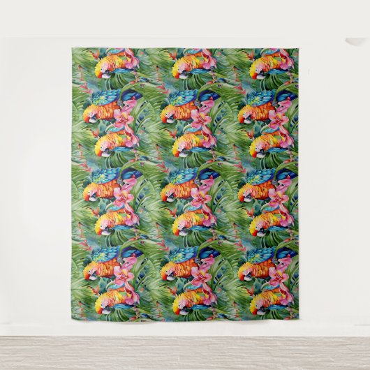 Groene, rode, blauwe papegaaien en tropische bloem wandkleed (Voorkant)