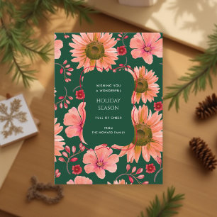 Groene Rode Bloemen Waterverf Vakantie Kaart