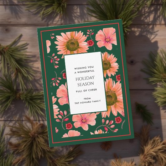 Groene Rode Bloemen Waterverf Vakantie Kaart