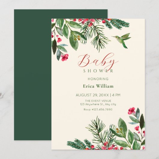 Groene rode bloemige babyshower kaart (Voorkant / Achterkant)