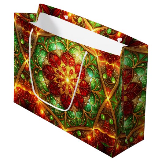 Groene rode decoratieve kerstcadeautas groot cadeauzakje (Voorkant Gekanteld)
