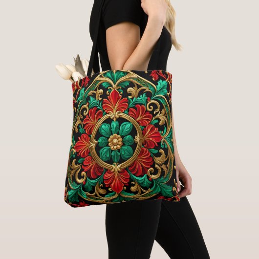 Groene Rode Decoratieve Kerstvakantie Canvas tas (Dichtbij)
