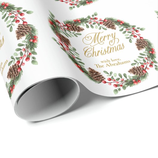 Groene rode dennen kegels gouden script kerst kran cadeaupapier (Rol Hoek)