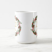 Groene rode dennen kegels gouden script kerst kran koffiemok (Center)