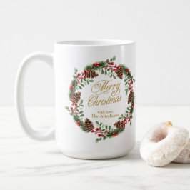 Groene rode dennen kegels gouden script kerst kran koffiemok