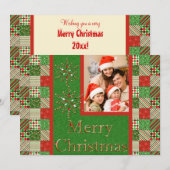 Groene, rode en Cream Quilted kerstfotokaart Feestdagenkaart (Voorkant / Achterkant)