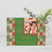 Groene, rode en Cream Quilted kerstfotokaart Feestdagenkaart (Staand voorkant)