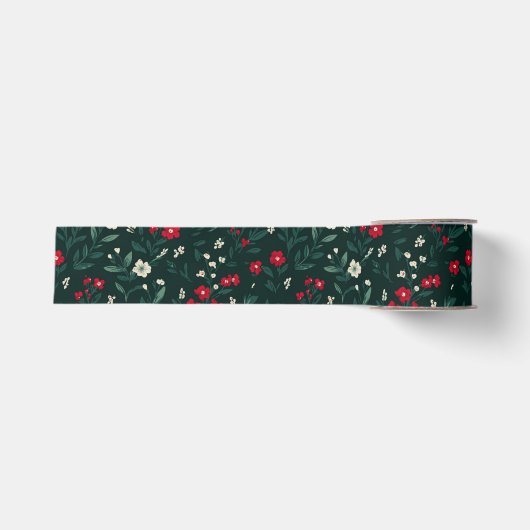 Groene rode en witte kerstbloemen grosgrain lint (Voorkant)