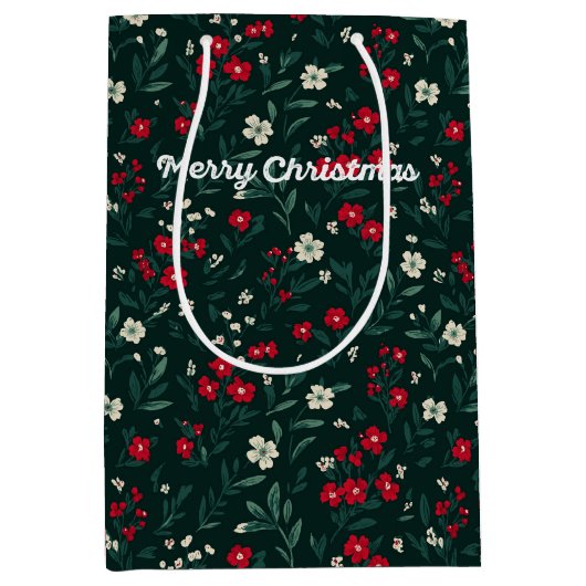 Groene rode en witte kerstbloemen medium cadeauzakje (Voorkant)