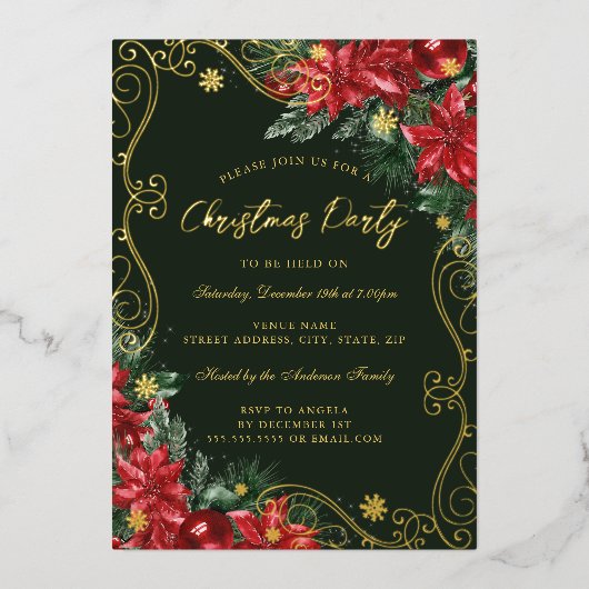 Groene Rode Feestelijke Bloem Werveltje Kerstfeest Folie Uitnodiging (Voorkant)