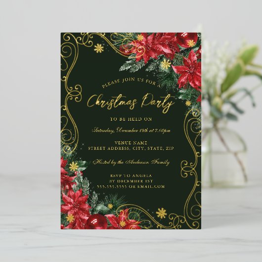 Groene Rode Feestelijke Bloem Werveltje Kerstfeest Folie Uitnodiging (Staand Voorkant)