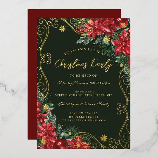 Groene Rode Feestelijke Bloem Werveltje Kerstfeest Folie Uitnodiging (Voorkant / Achterkant)
