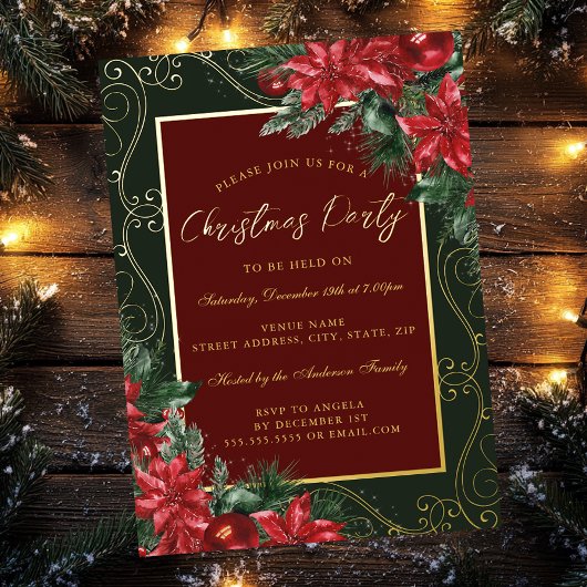 Groene Rode Feestelijke Bloemen Lijst Kerstfeest Folie Uitnodiging