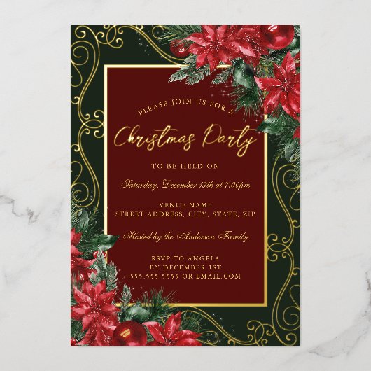 Groene Rode Feestelijke Bloemen Lijst Kerstfeest Folie Uitnodiging (Voorkant)