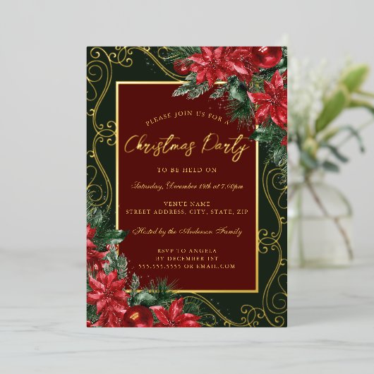 Groene Rode Feestelijke Bloemen Lijst Kerstfeest Folie Uitnodiging (Staand Voorkant)