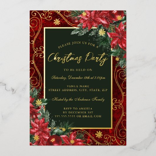 Groene Rode Festieve Bloem Frame Kerstfeest Folie Uitnodiging (Voorkant)
