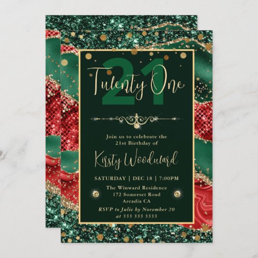 Groene & Rode Glitter Kerst Agaat Verjaardagsfeest Kaart (Voorkant / Achterkant)