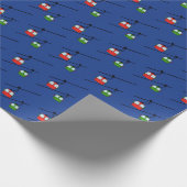 Groene & rode gondels met ski's op blauw cadeaupapier (Hoek)