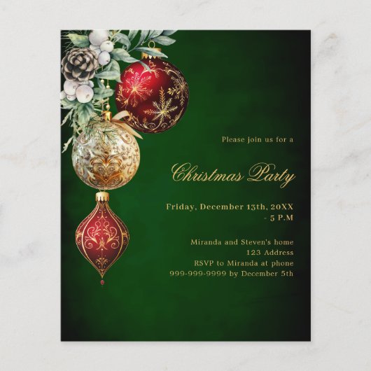 Groene rode gouden kerstballen Kerstfeest uitnodig (Voorkant)
