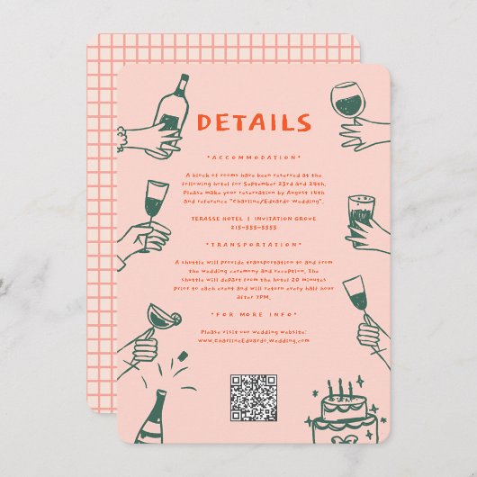 Groene Rode Hand getrokken Funky Groovy bruiloft d Informatiekaartje