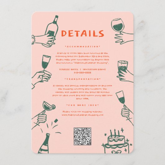 Groene Rode Hand getrokken Funky Groovy bruiloft d Informatiekaartje (Voorkant)