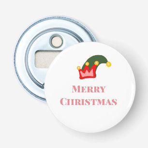 Groene rode hoed vrolijk kerstfeest voeg naam teks button flesopener
