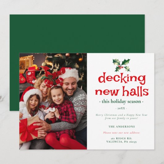 Groene Rode Hulst Deck Nieuwe Halls Thuis Familie  Feestdagenkaart (Voorkant / Achterkant)