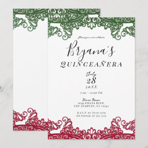 Groene & Rode Kant Elegant 15de Quinceañera Feest Kaart