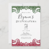 Groene & Rode kant Elegant 15e Quinceañera Party Kaart (Voorkant)