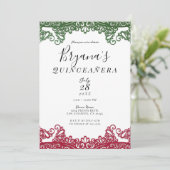 Groene & Rode kant Elegant 15e Quinceañera Party Kaart (Staand voorkant)
