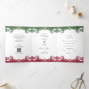 Groene & Rode Kant Elegant Fiesta Bruiloft Drieluik Uitnodiging
