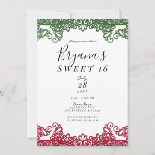 Groene & Rode Kant Elegant Fiesta Sweet 16 Feestje Kaart