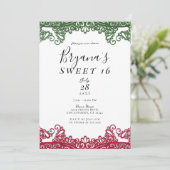 Groene & Rode kant Elegant Fiesta Sweet 16 Party Kaart (Staand voorkant)
