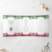 Groene & Rode kant Elegante Fiesta bruiloft Drieluik Uitnodiging (Binnen)