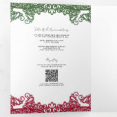 Groene & Rode kant Elegante Fiesta bruiloft Drieluik Uitnodiging (Binnenzijde eerst)