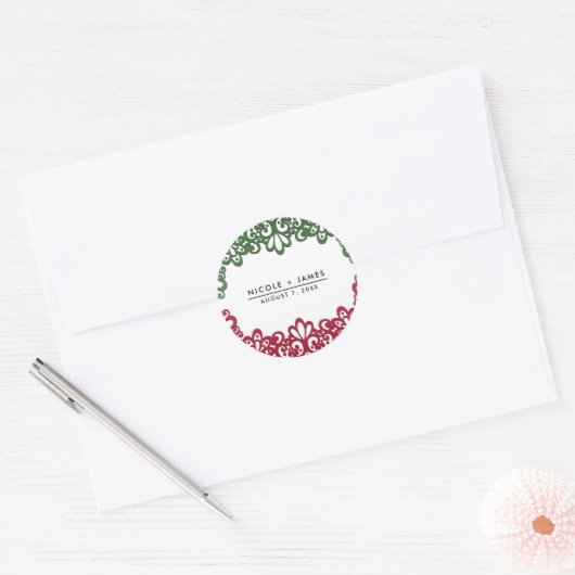 Groene & Rode kant Elegante Fiesta bruiloft Ronde Sticker (Envelop)
