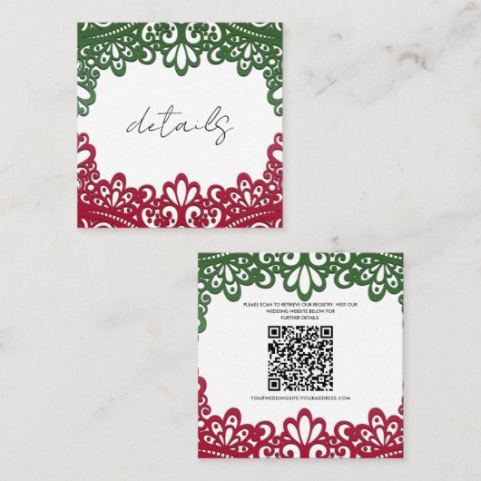 Groene & Rode kant Elegante Fiesta Wedding Details Vierkante Visitekaartje (Voorkant / Achterkant)