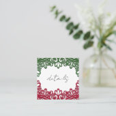 Groene & Rode kant Elegante Fiesta Wedding Details Vierkante Visitekaartje (Staand voorkant)