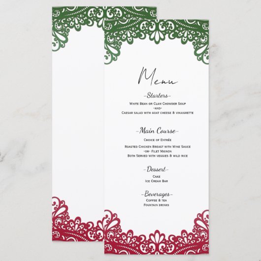 Groene & Rode Kant Elegante Fiesta Witte Trouw Men Menu (Voorkant / Achterkant)