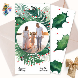 Groene Rode Kerst Botanische Krans Foto lang Feestdagenkaart