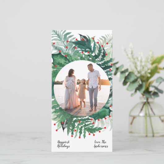 Groene Rode Kerst Botanische Krans Foto lang Feestdagenkaart (Staand voorkant)